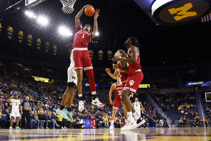 Indiana center Kel'el Ware (1) grabs the rebound in the first half against the Michigan Wolverines.